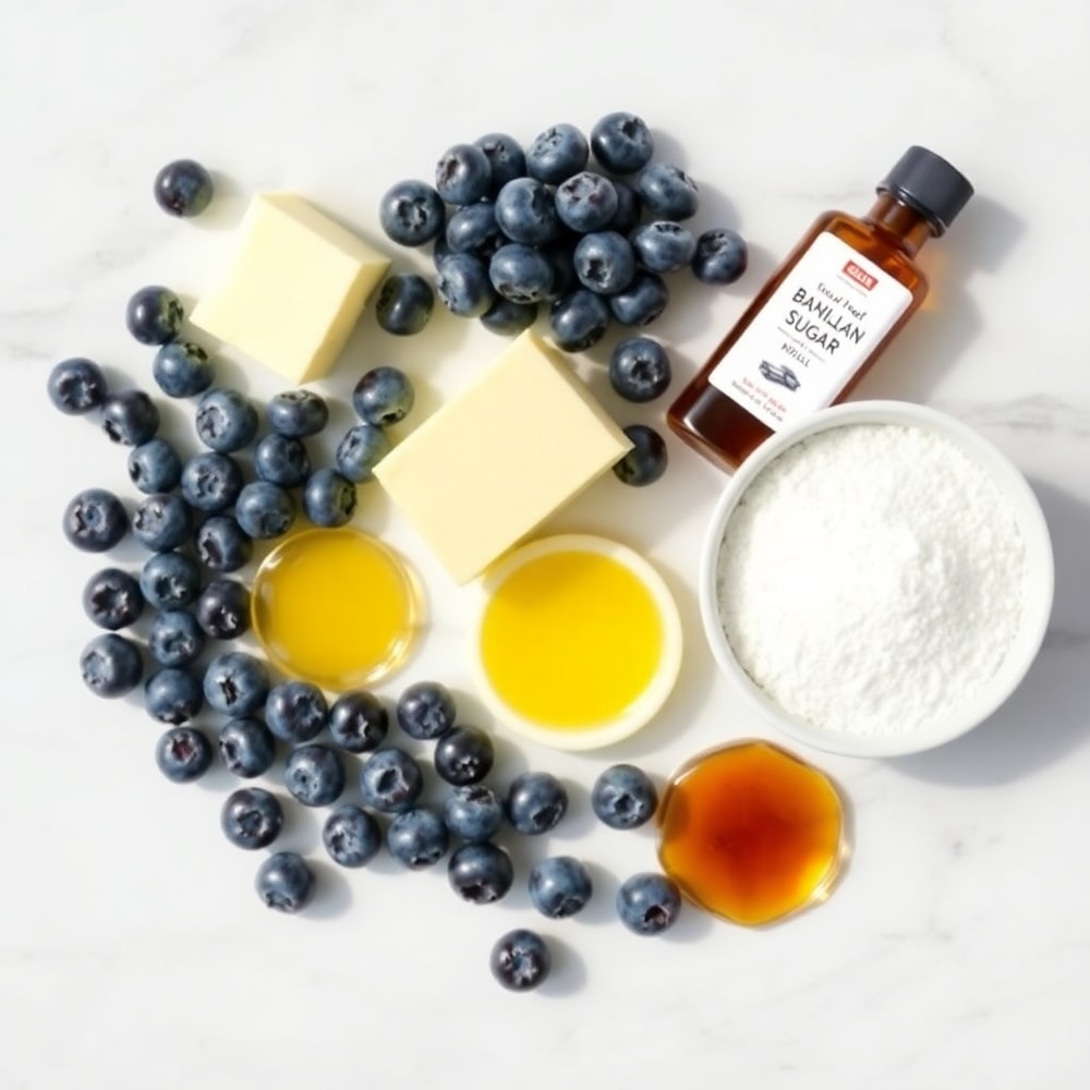 Blueberries, butter, sugar, lemon juice, and vanilla extract on a wooden surface