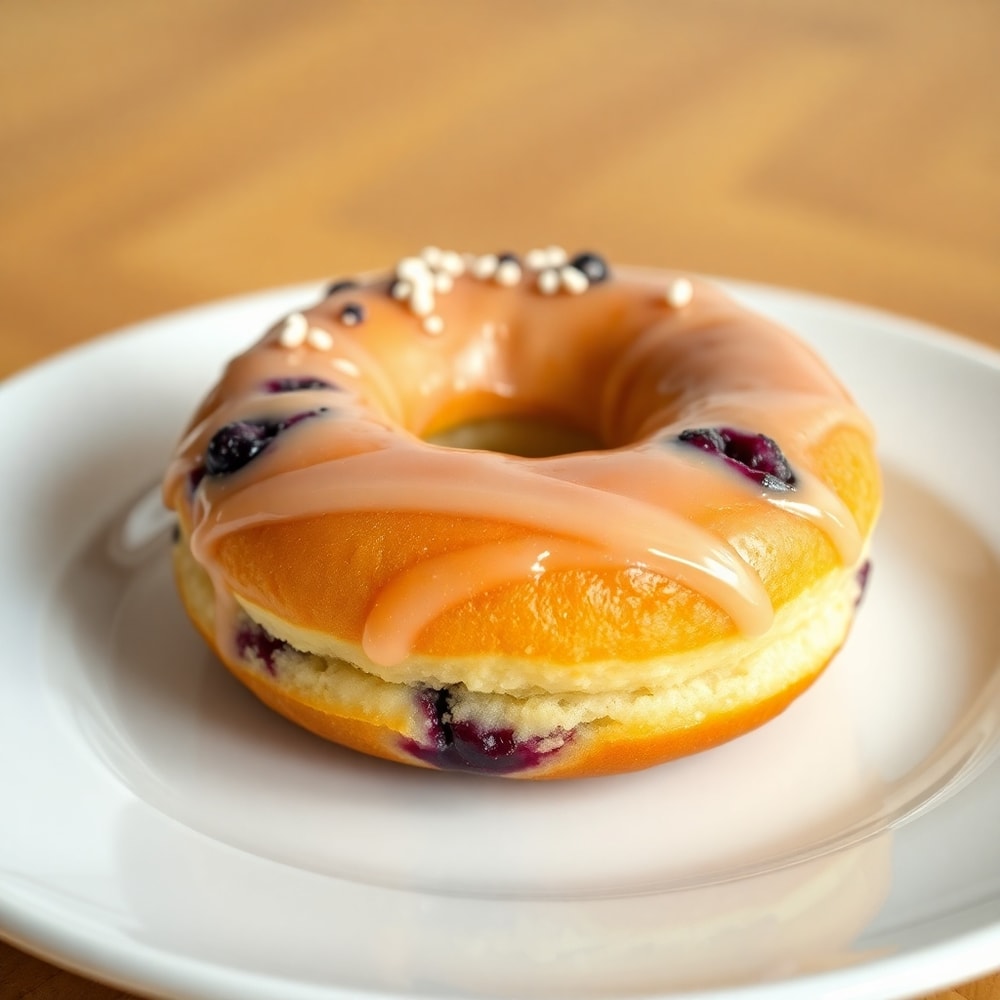 A close-up of a blueberry cake donut with glaze and sprinkles on a white plate