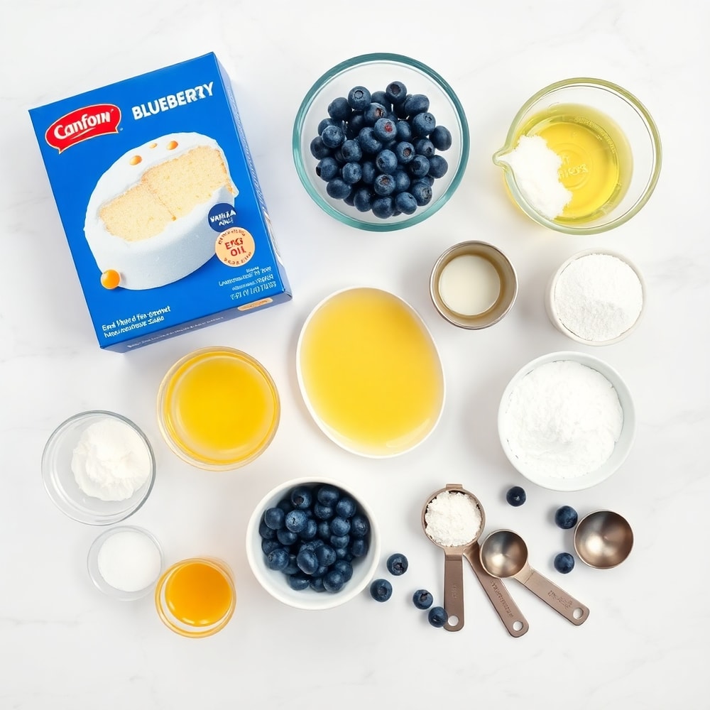 Blueberries, cake mix, eggs, oil, and other ingredients laid out on a marble countertop
