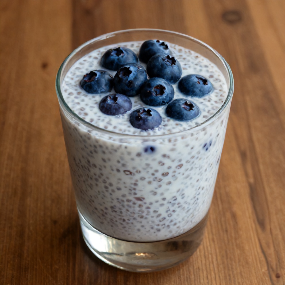 Blueberry chia pudding served in a glass with fresh blueberries on top