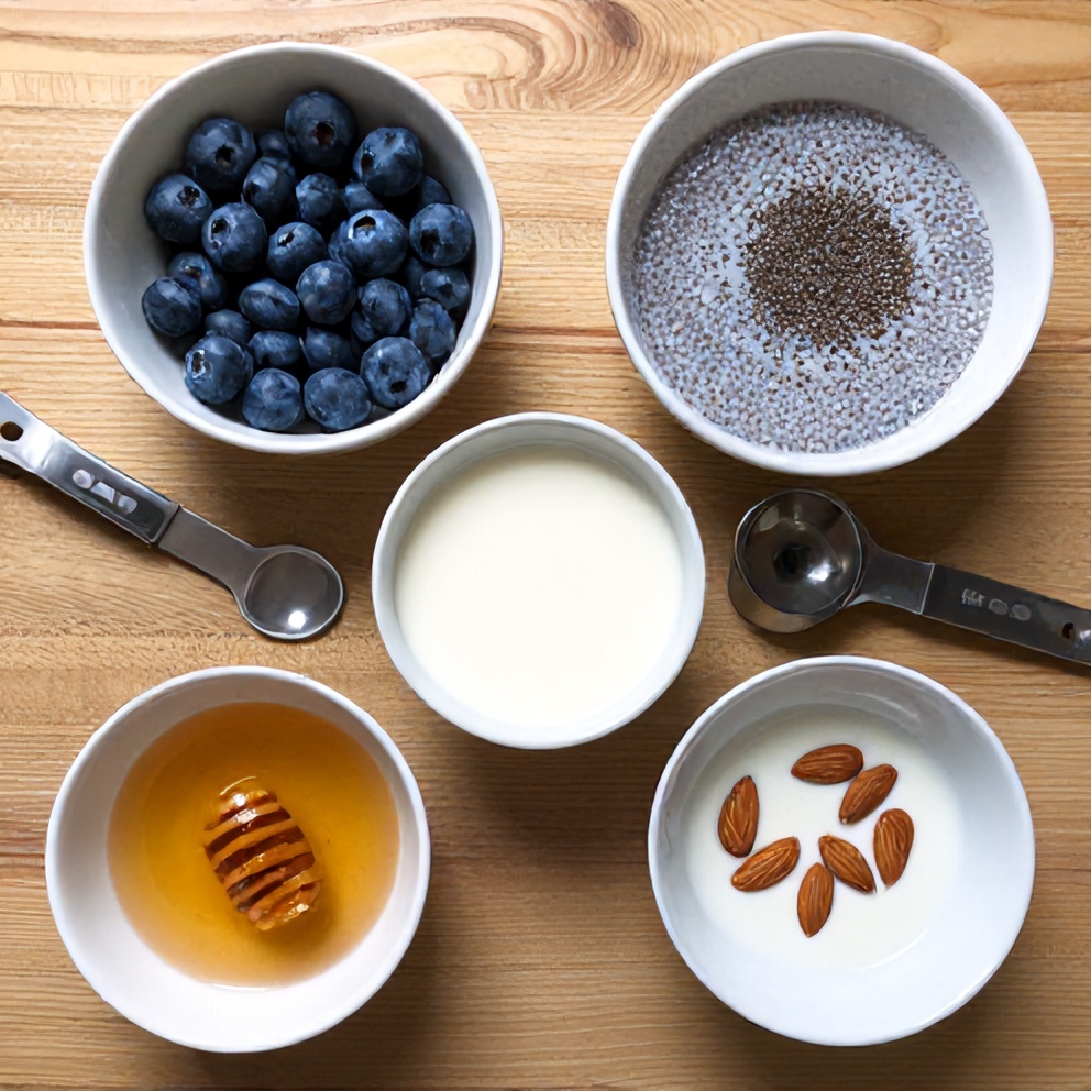 Blueberries, chia seeds, almond milk, and honey arranged on a wooden surface