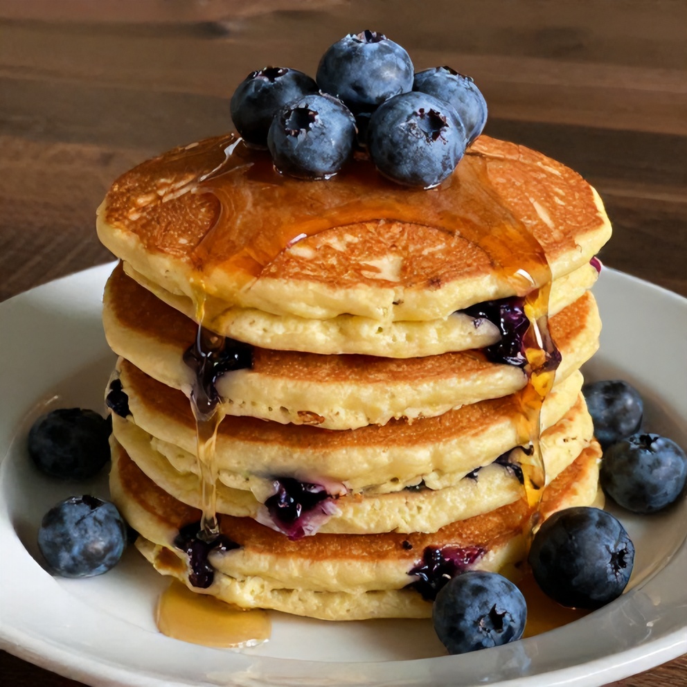Stack of blueberry cottage cheese pancakes with a side of fresh berries and syrup