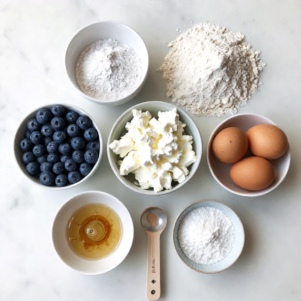Blueberries, cottage cheese, eggs, flour, and baking powder arranged on a white marble surface