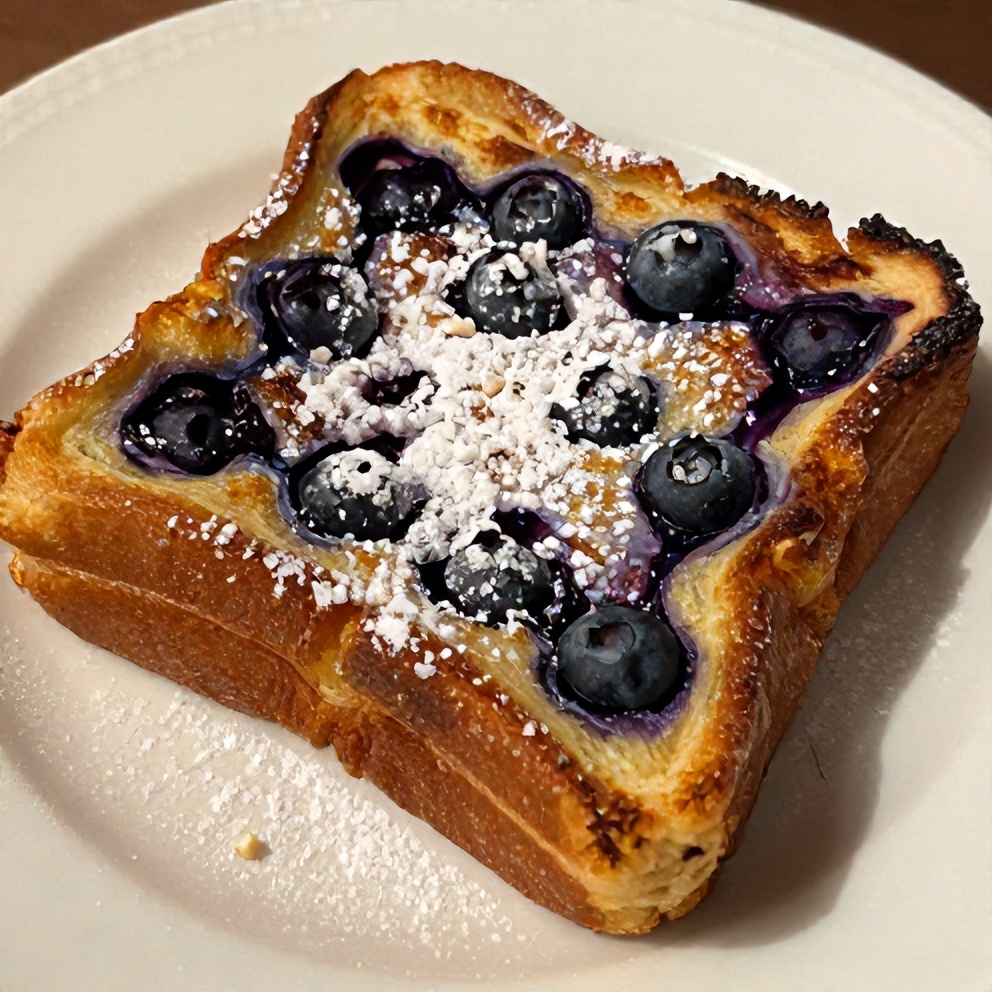 Blueberry stuffed french toast on a white plate with a sprinkle of powdered sugar