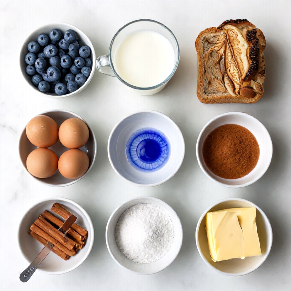 Blueberries, eggs, milk, bread, cinnamon, sugar, and butter arranged on a white marble surface