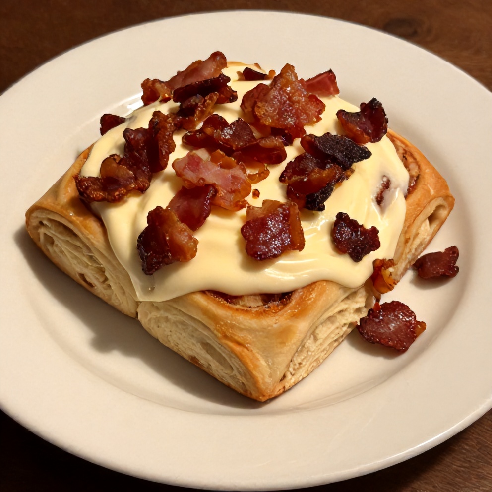 Plated Bourbon Maple Bacon Cinnamon Rolls with Candied Bacon