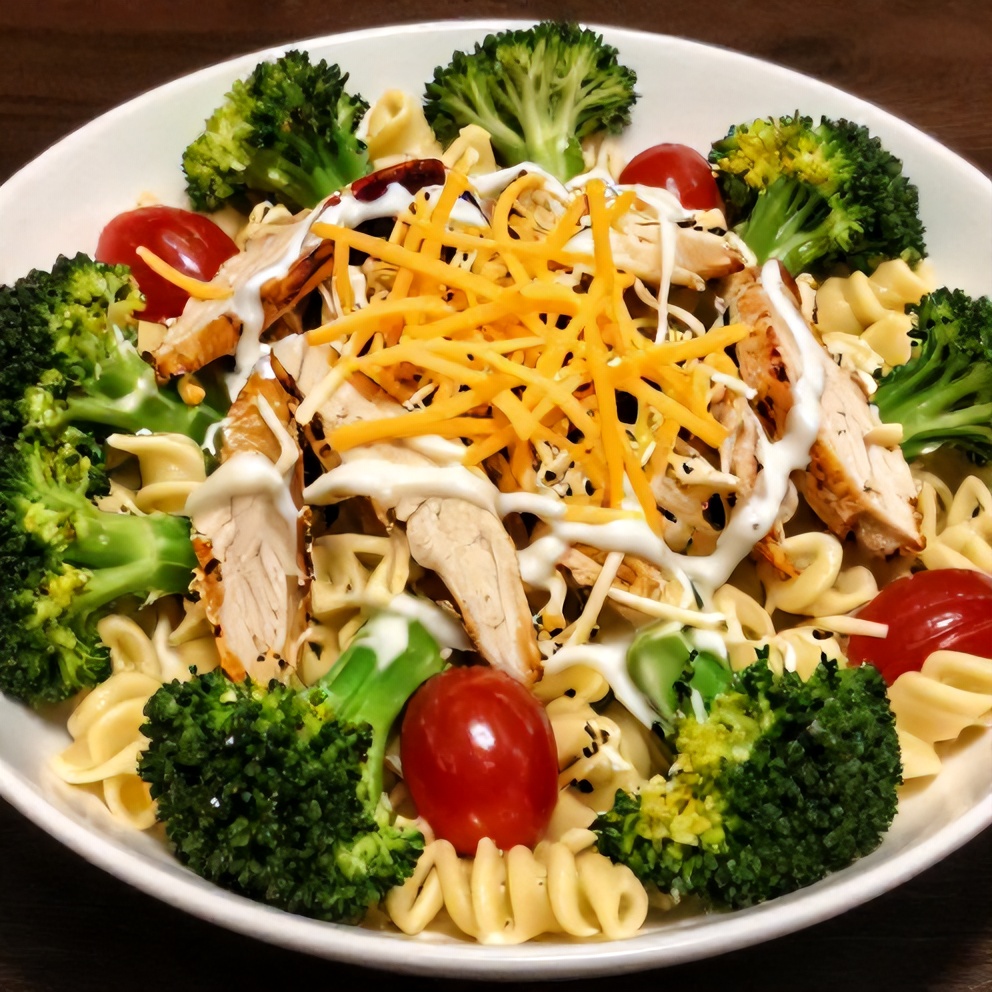 Plated Broccoli and Chicken Pasta Salad