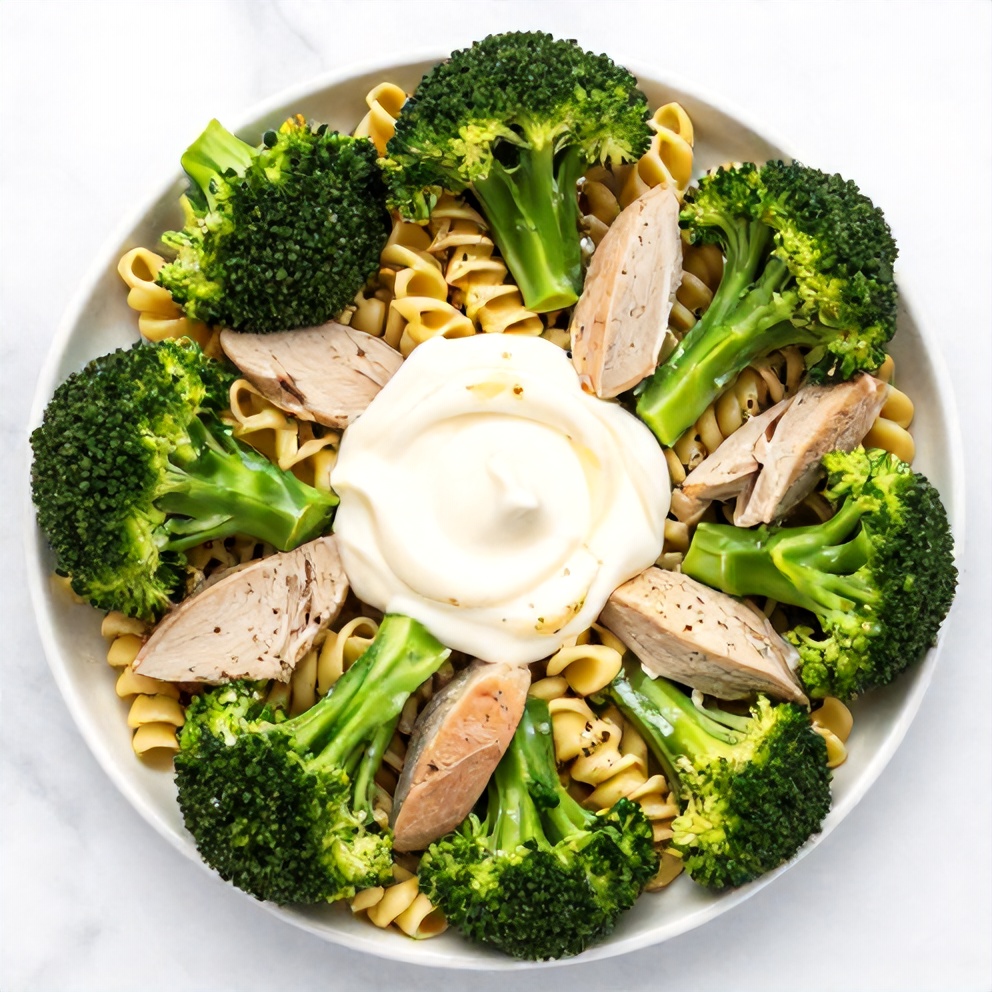 Raw ingredients for Broccoli and Chicken Pasta Salad
