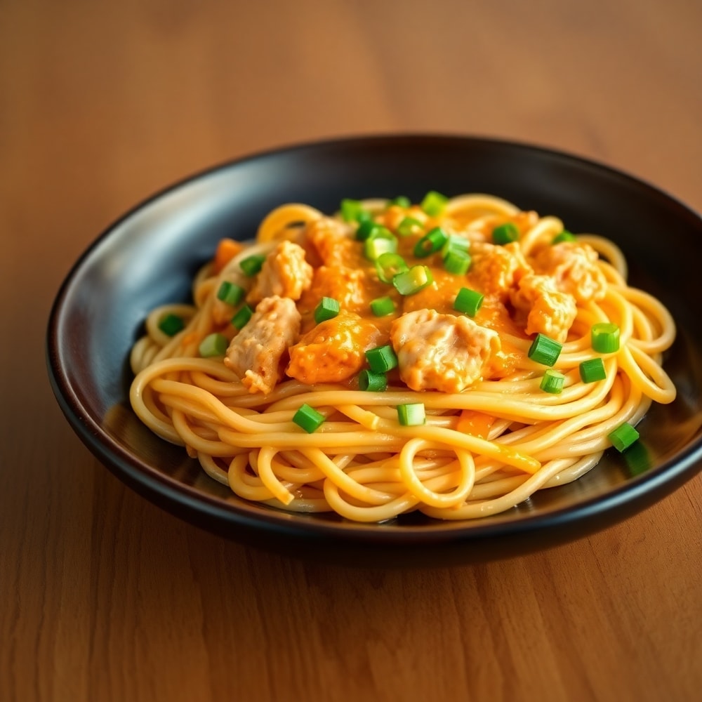 Plated buffalo chicken pasta with green onions