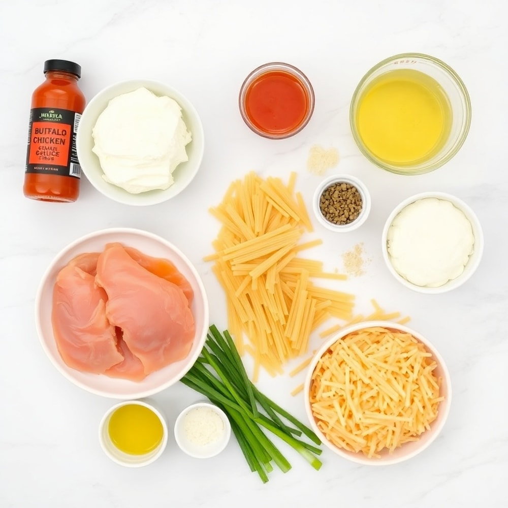Raw ingredients for buffalo chicken pasta laid out