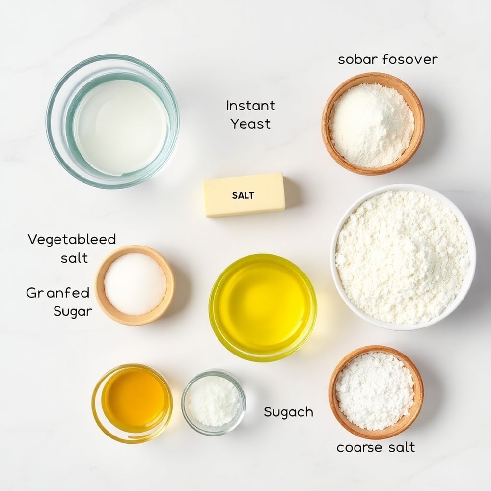 Ingredients for Buttery Soft Pretzel Bites on a marble surface