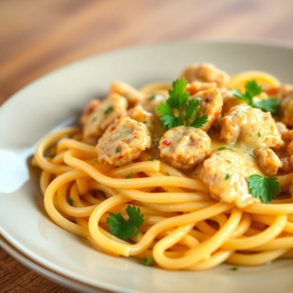 Perfect serving of cheesy chicken and sausage pasta with parsley garnish