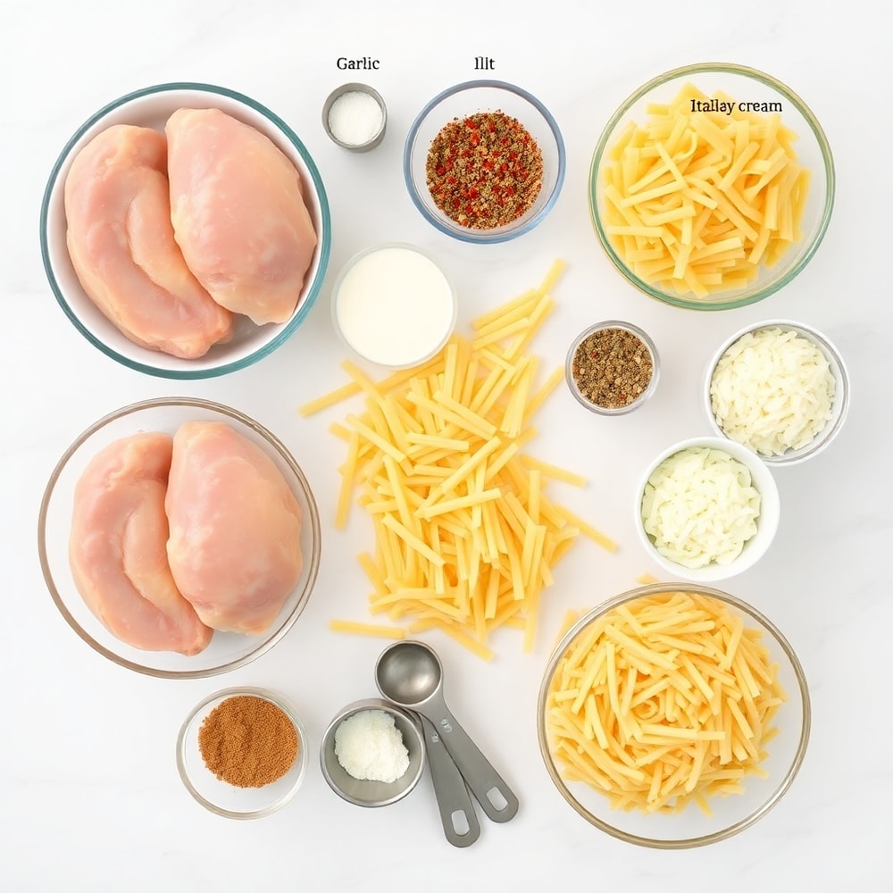 Raw ingredients for cheesy chicken and sausage pasta arranged in a flat lay
