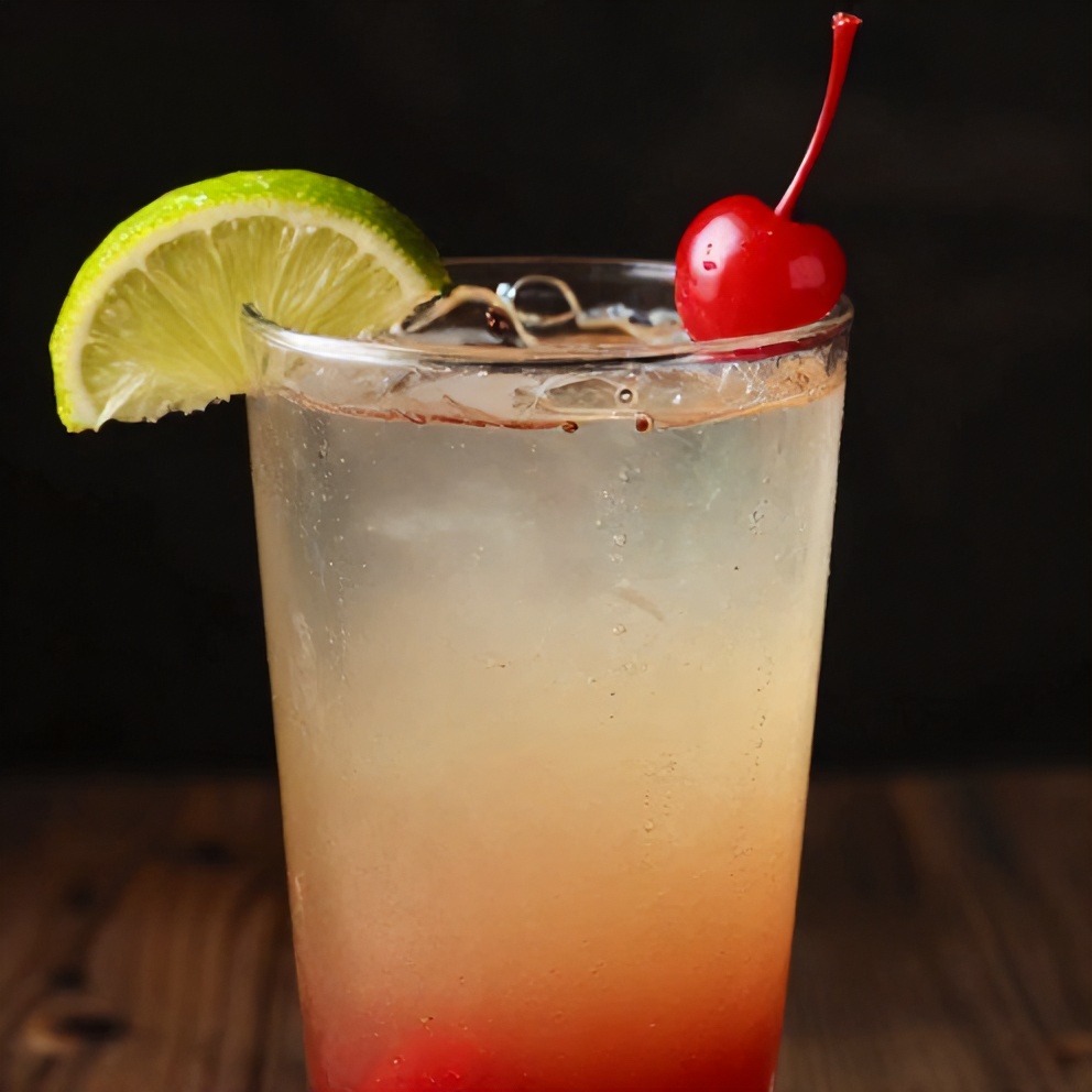Cherry limeade in a glass with a lime wheel and cherry garnish