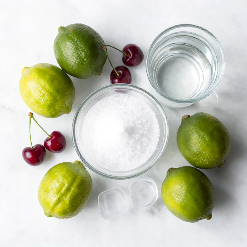 Limes, cherries, sugar, water, and ice on a wooden surface