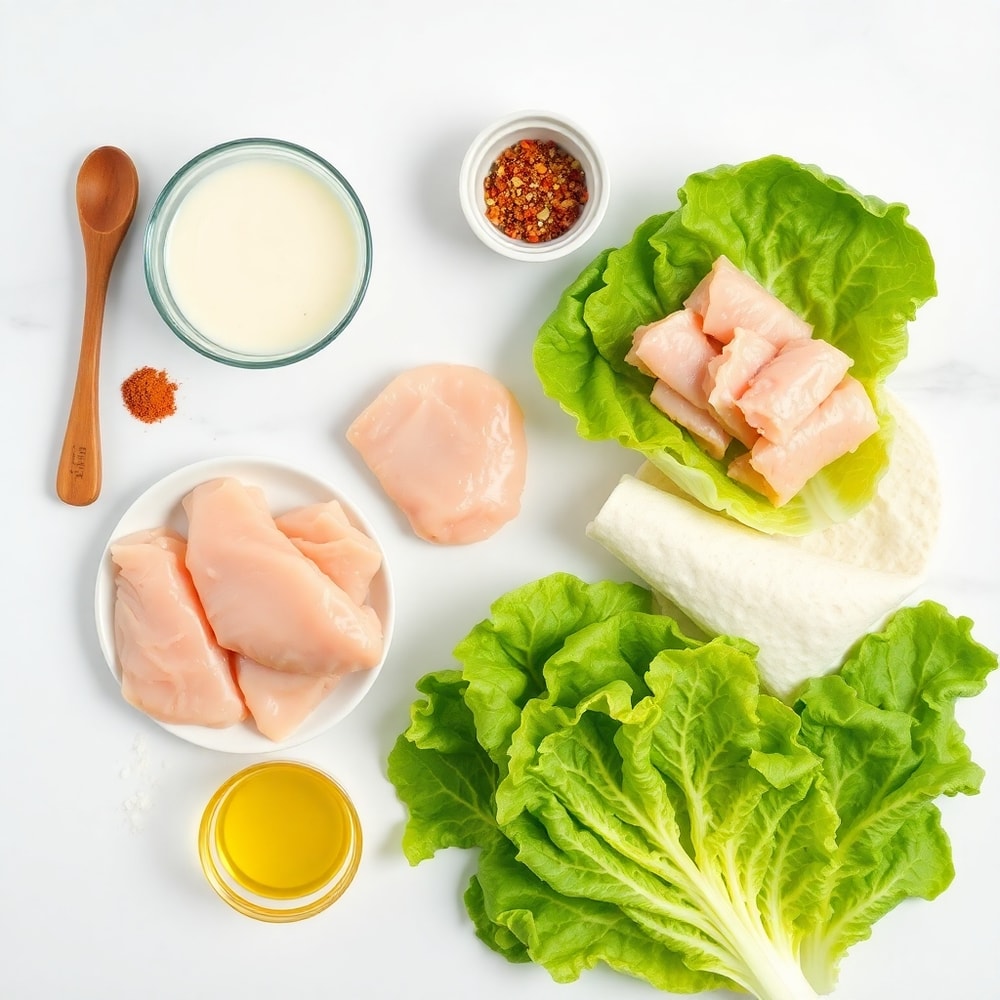 Raw ingredients for Chicken Caesar Wraps on a marble surface