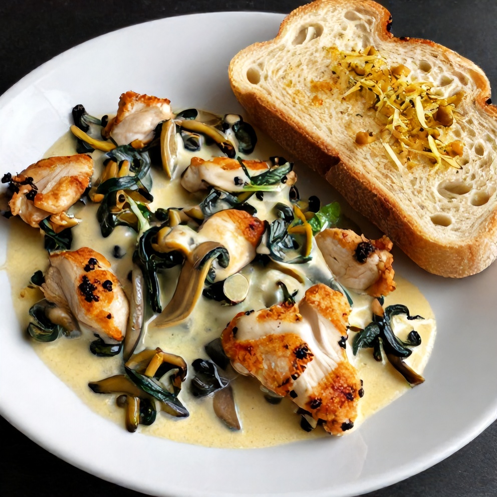 Plated serving of crispy chicken spinach mushroom with a side of garlic bread