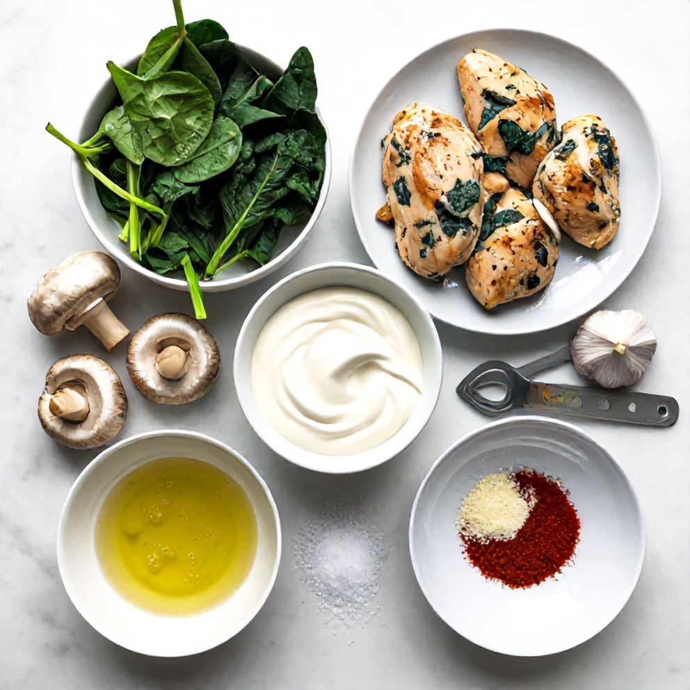 Raw ingredients for chicken spinach mushroom: chicken breasts, spinach, mushrooms, garlic, heavy cream, etc.
