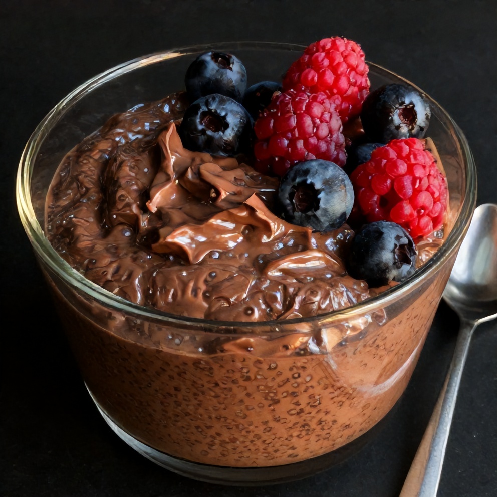 Chocolate Chia Seed Pudding with fresh berries