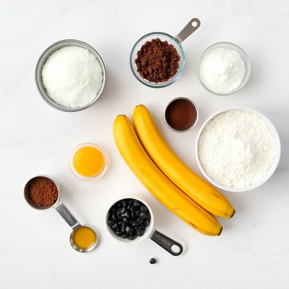 Raw ingredients for Banana Bread Brownies arranged on a white marble surface
