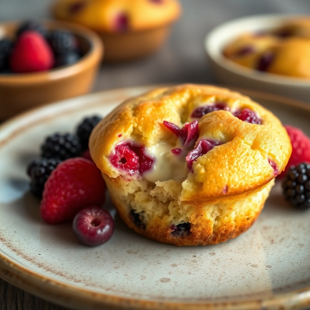 Perfectly baked Berry Cream Cheese Muffins on a rustic plate
