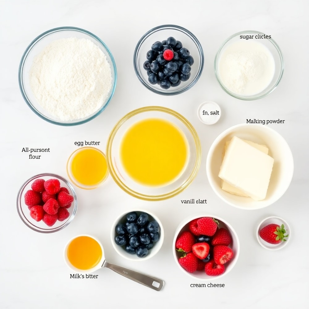Raw ingredients for Berry Cream Cheese Muffins including flour, sugar, eggs, cream cheese, and mixed berries