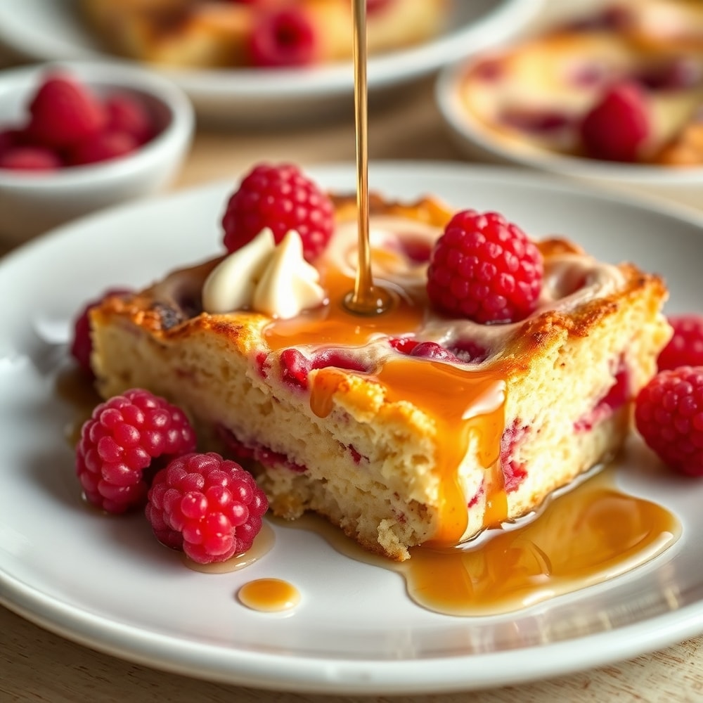 One perfect plated serving of Raspberry Cheesecake French Toast Casserole, showing creamy cheesecake swirls, fresh raspberries, and a drizzle of maple syrup, close crop, warm side lighting highlighting texture, photorealistic food photography, no text, no watermark