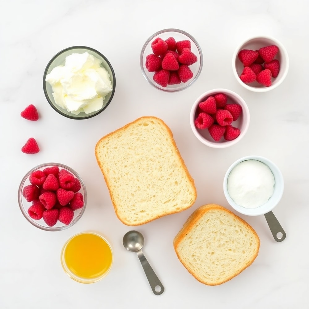 Raw ingredients for Raspberry Cheesecake French Toast Casserole arranged as an overhead flat lay, including bread, cream cheese, eggs, raspberries, and sugar, small prep bowls and measuring spoons visible, white marble surface, bright even natural light, photorealistic overhead food photography, no text, no watermark