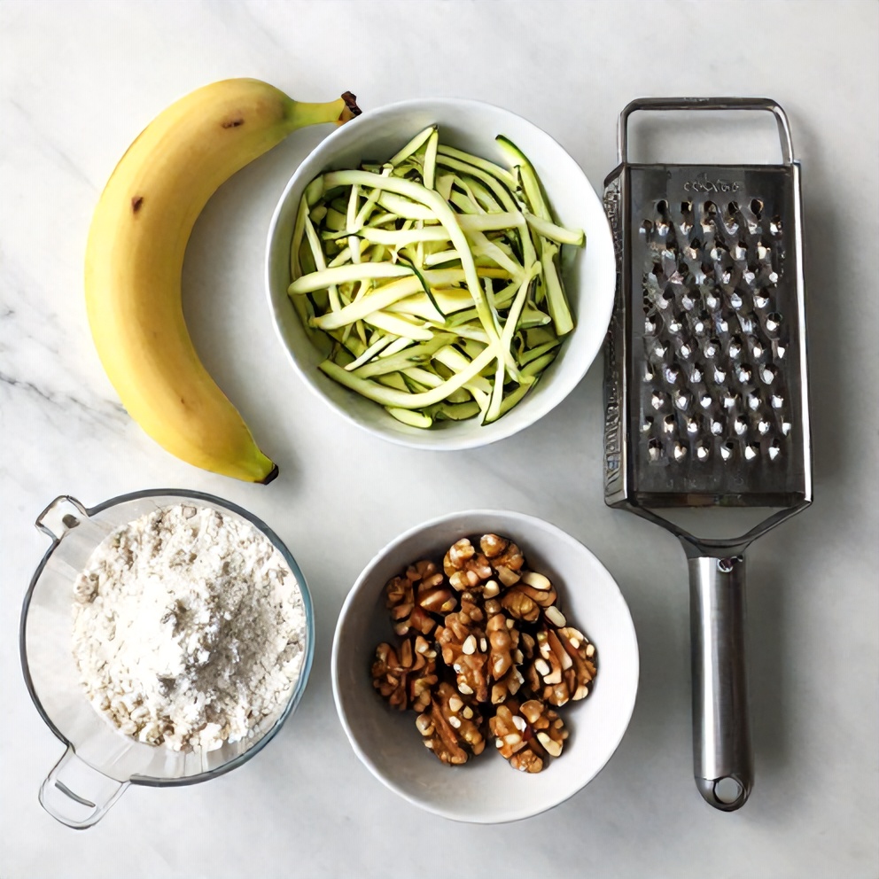 Zucchini Banana Bread Ingredients: Zucchini, Banana, Flour, Sugar, Walnuts
