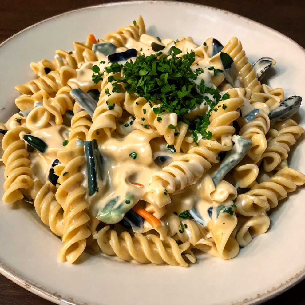 Plated serving of creamy coleslaw pasta salad with a sprinkle of chopped parsley