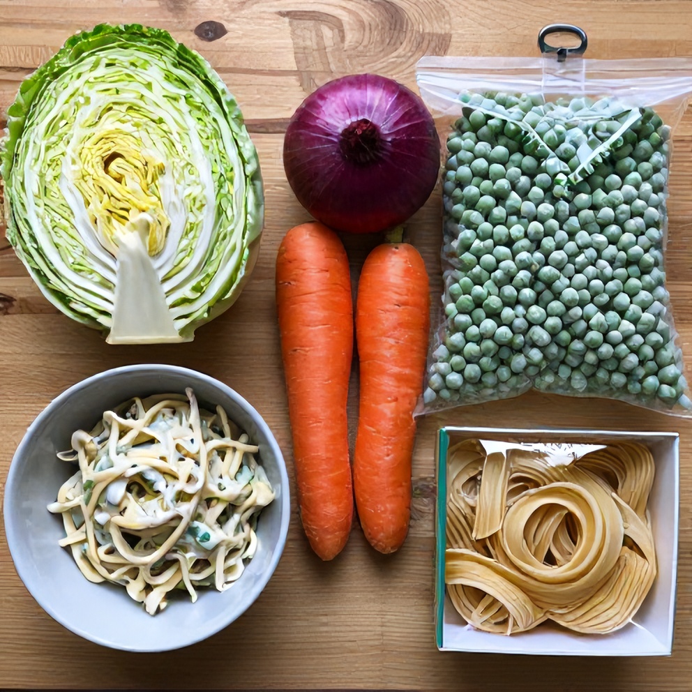 Raw ingredients for creamy coleslaw pasta salad laid out on a wooden surface