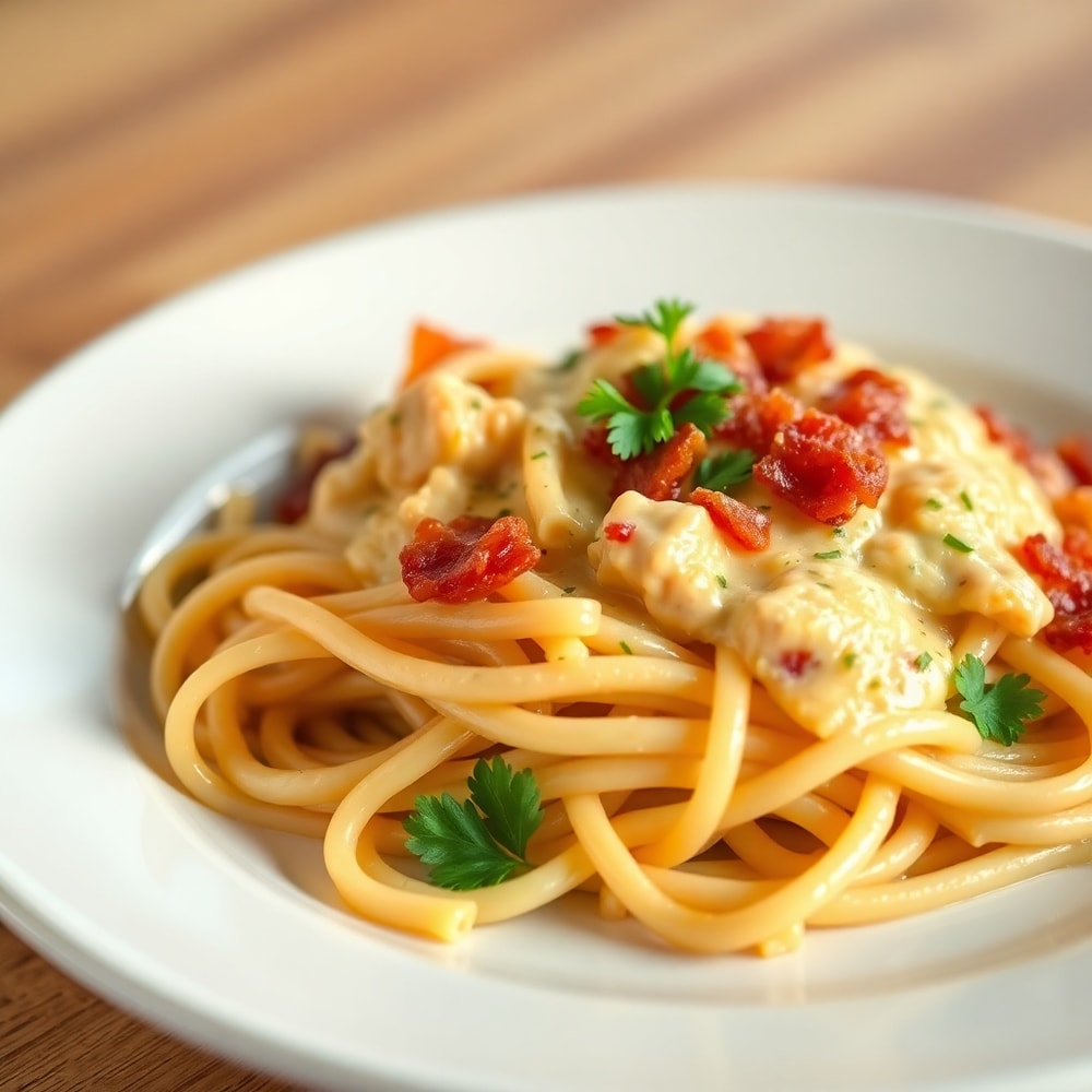 Plated creamy crack chicken pasta with parsley garnish