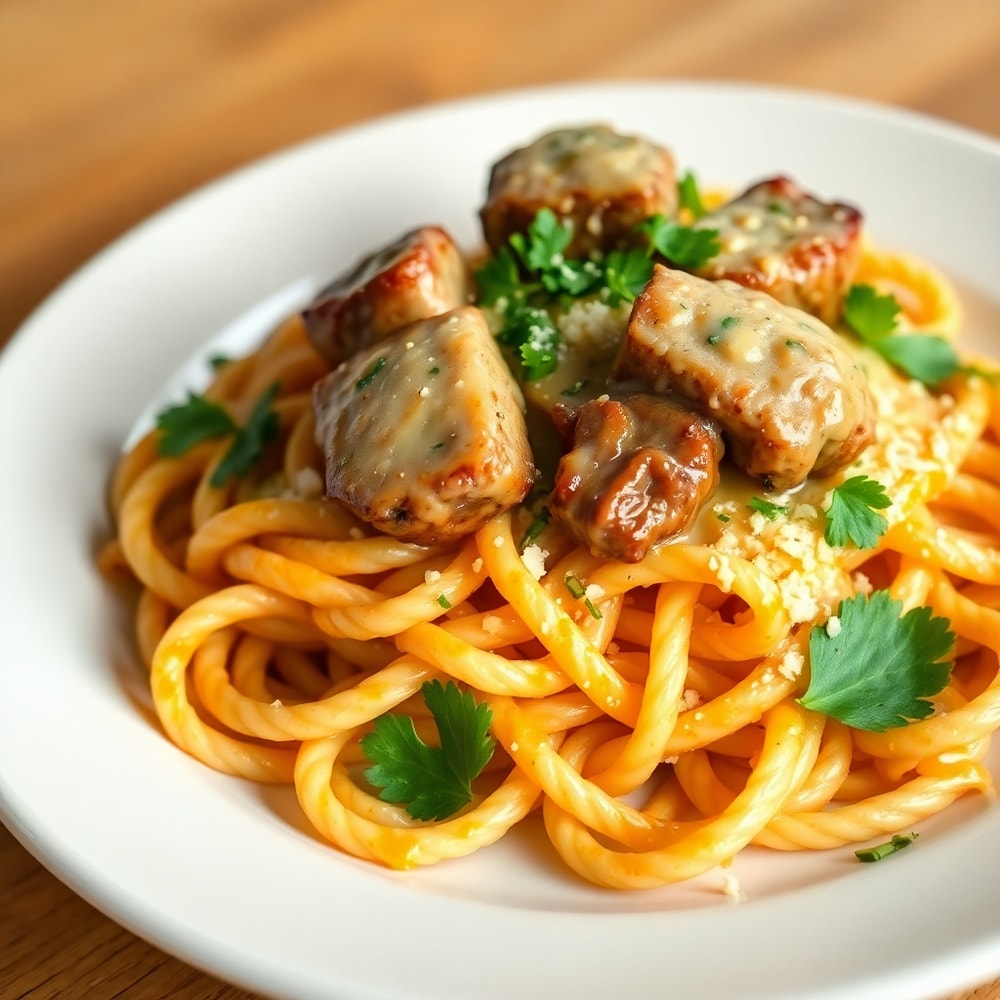 Plated Creamy Garlic Butter Steak Bites with Spicy Cajun Alfredo Twisted Pasta