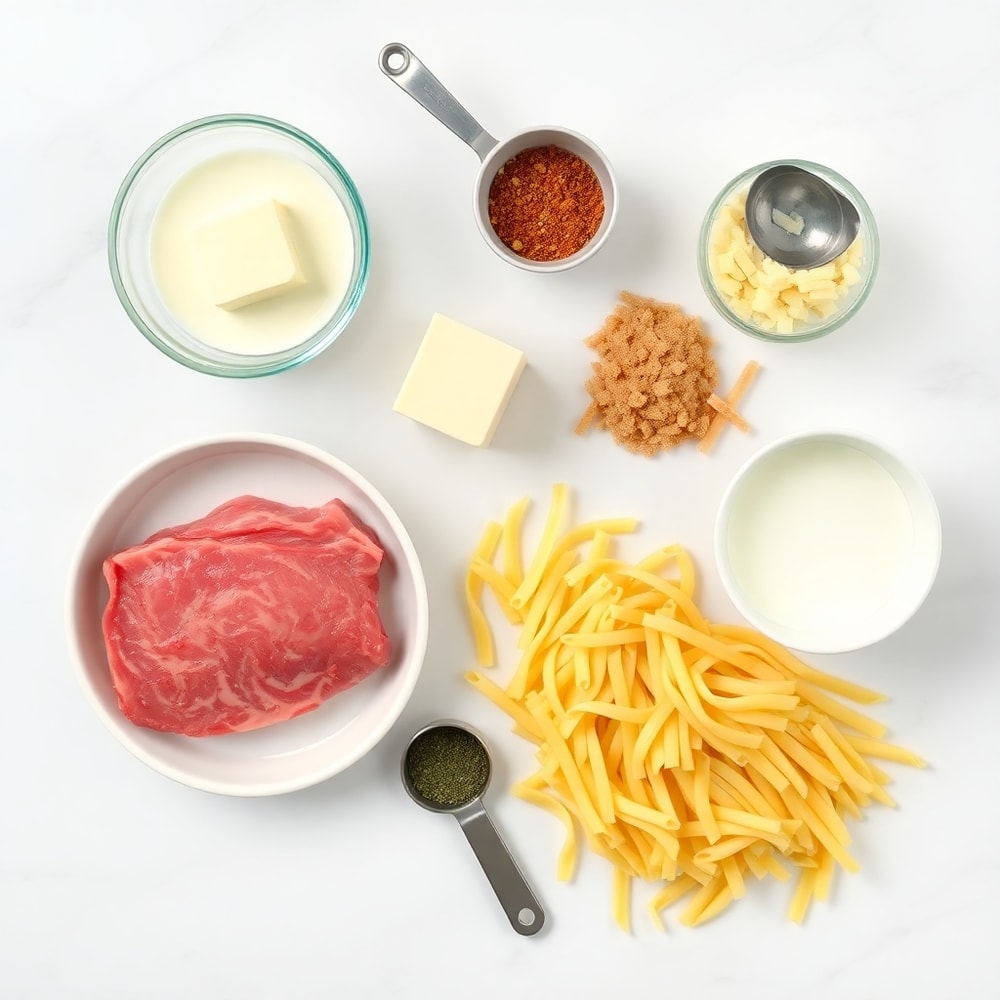Raw ingredients for Creamy Garlic Butter Steak Bites with Spicy Cajun Alfredo Twisted Pasta