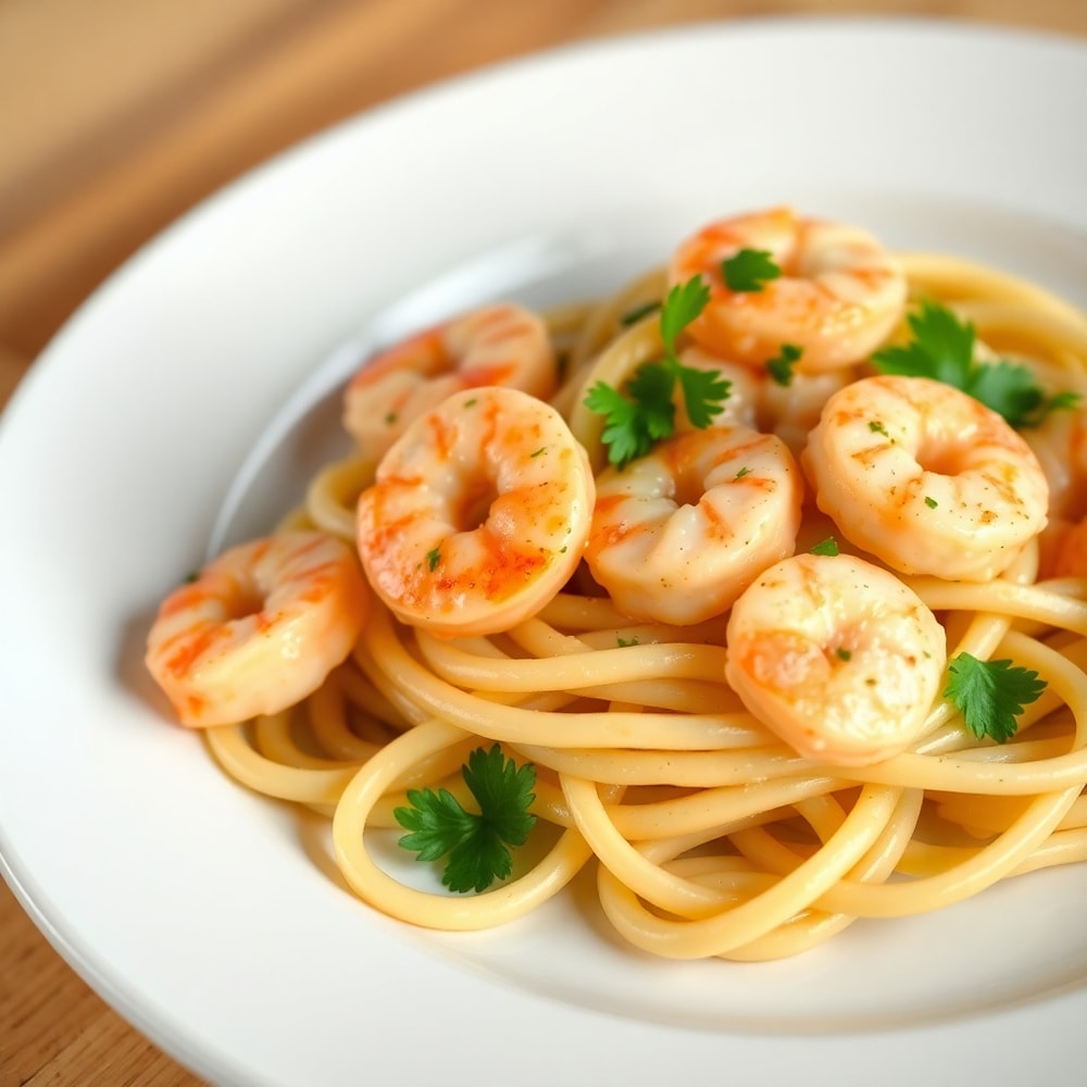 Plated creamy garlic shrimp with pasta, garnished with fresh parsley, on a white plate