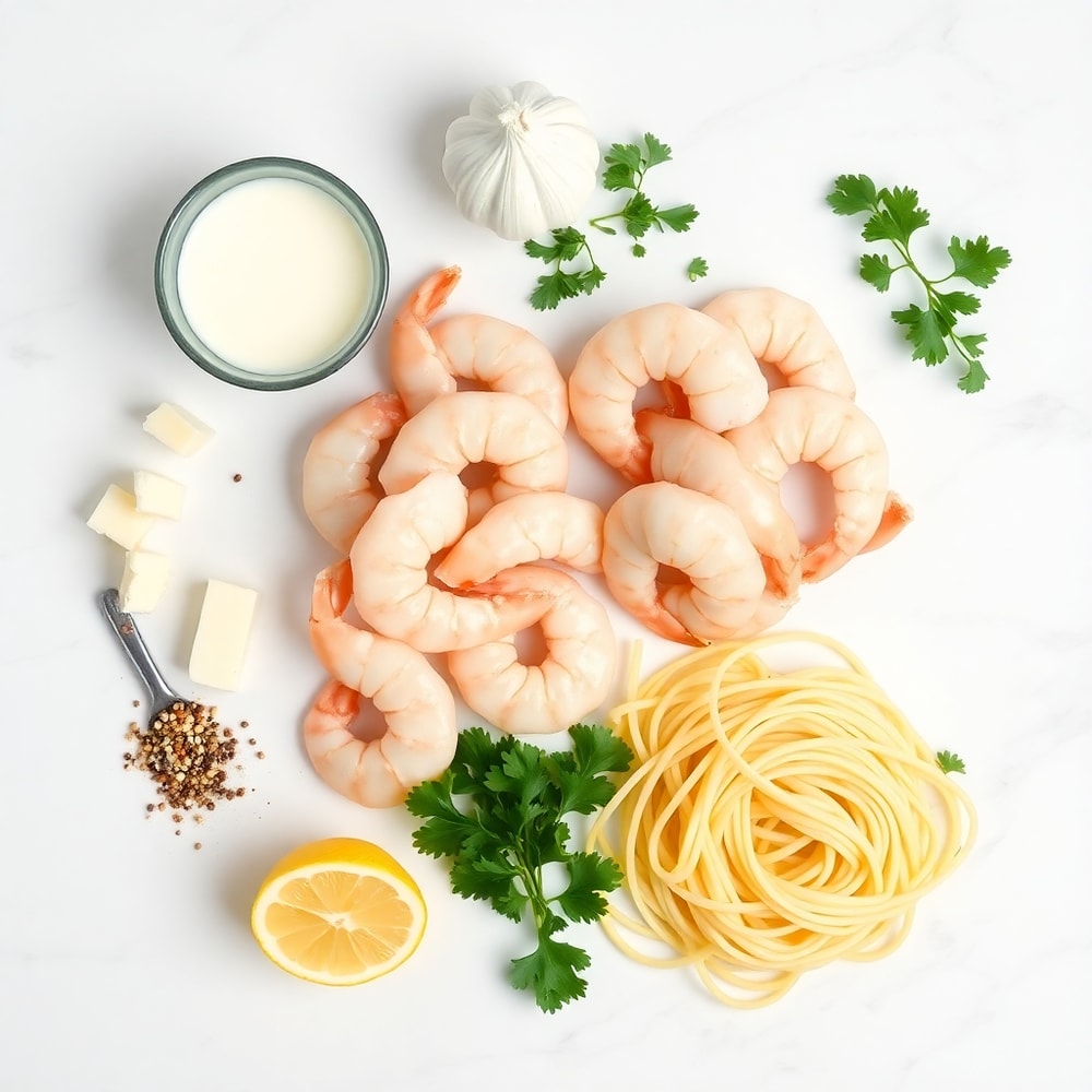 Raw ingredients for creamy garlic shrimp: shrimp, garlic, butter, heavy cream, parsley, salt, pepper, lemon, pasta