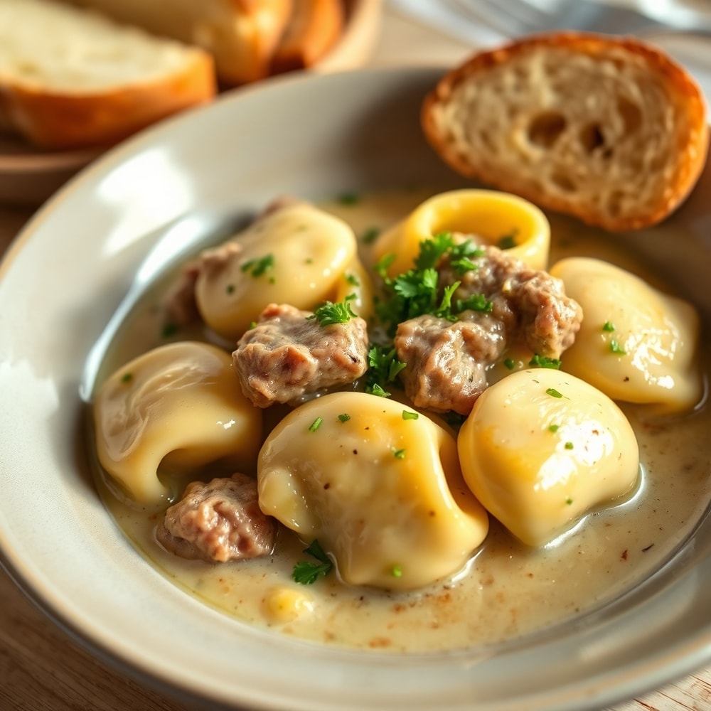 Plated creamy garlic steak tortellini with chopped parsley