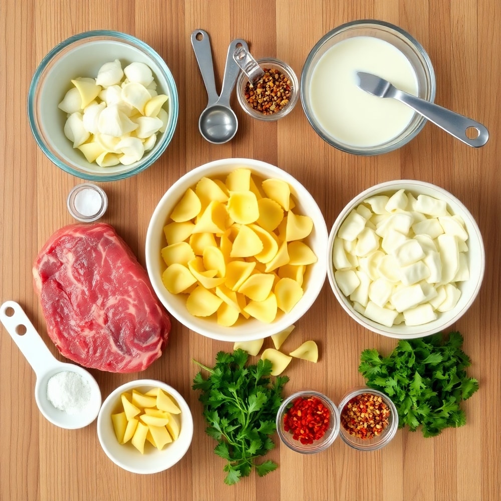 Raw ingredients for creamy garlic steak tortellini on a wooden surface