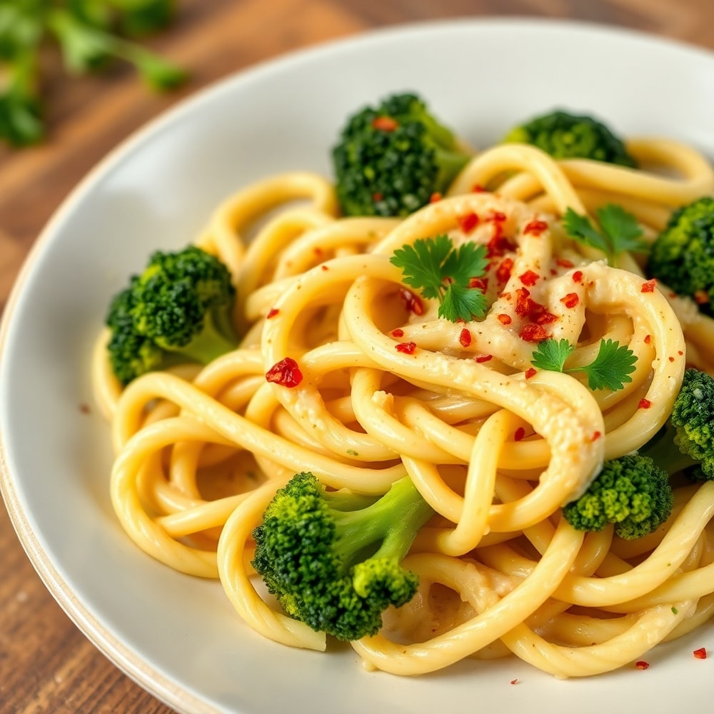 Plated Creamy Mafaldine Pasta Limone with Broccoli