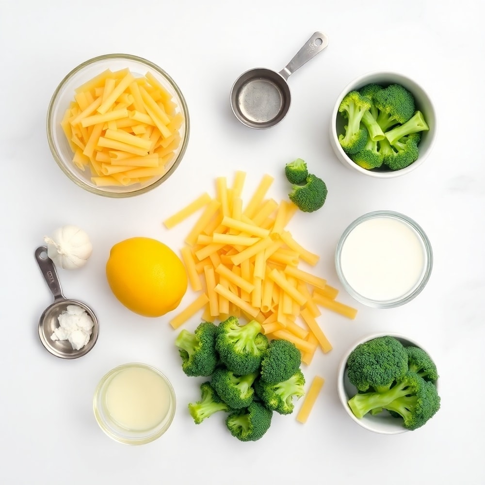 Raw ingredients for Creamy Mafaldine Pasta Limone with Broccoli