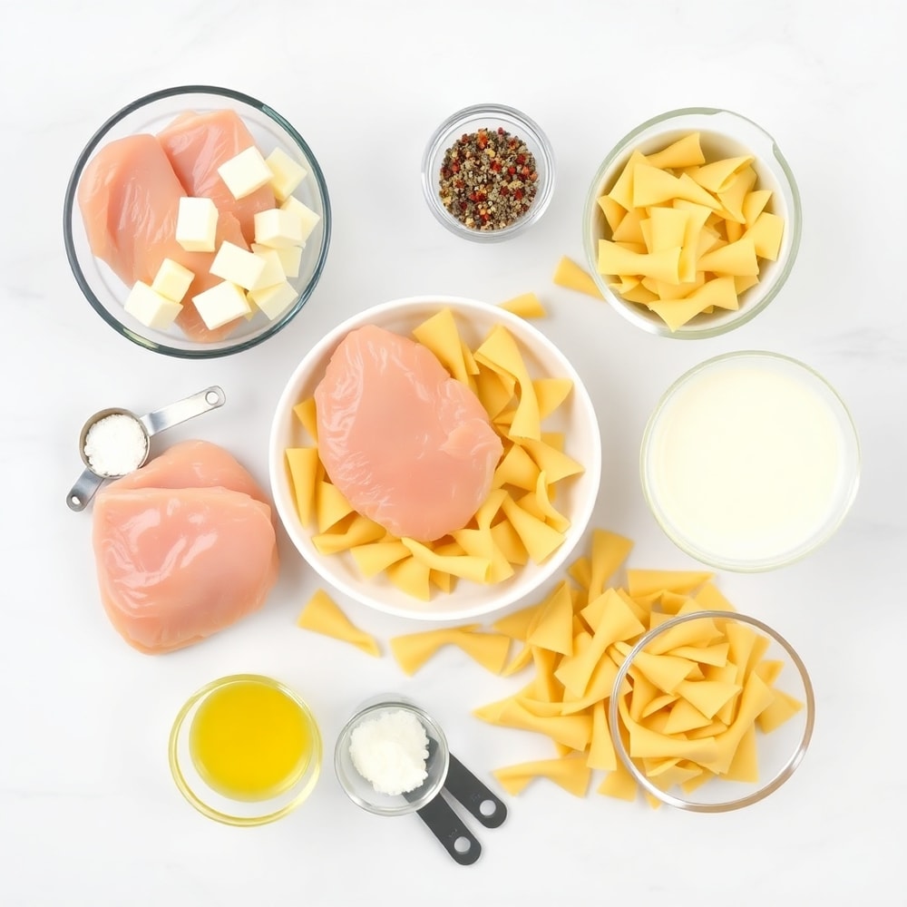 Raw ingredients for Mozzarella Garlic Butter Chicken Bowties