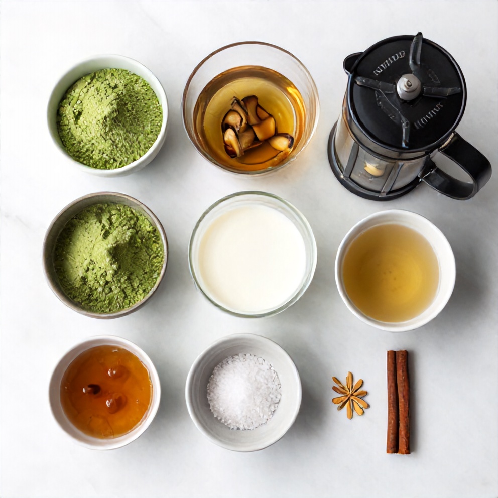 Raw ingredients for creamy mushroom matcha latte