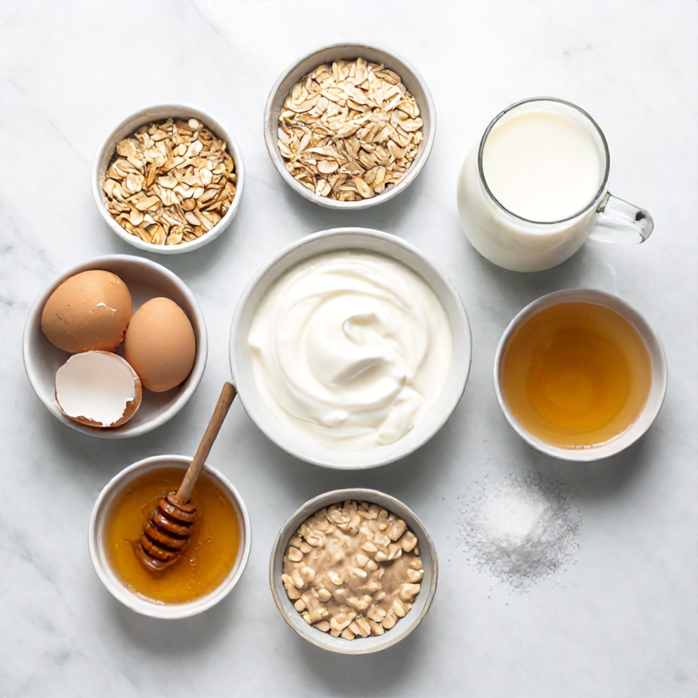 Raw ingredients for creamy overnight high-protein oats