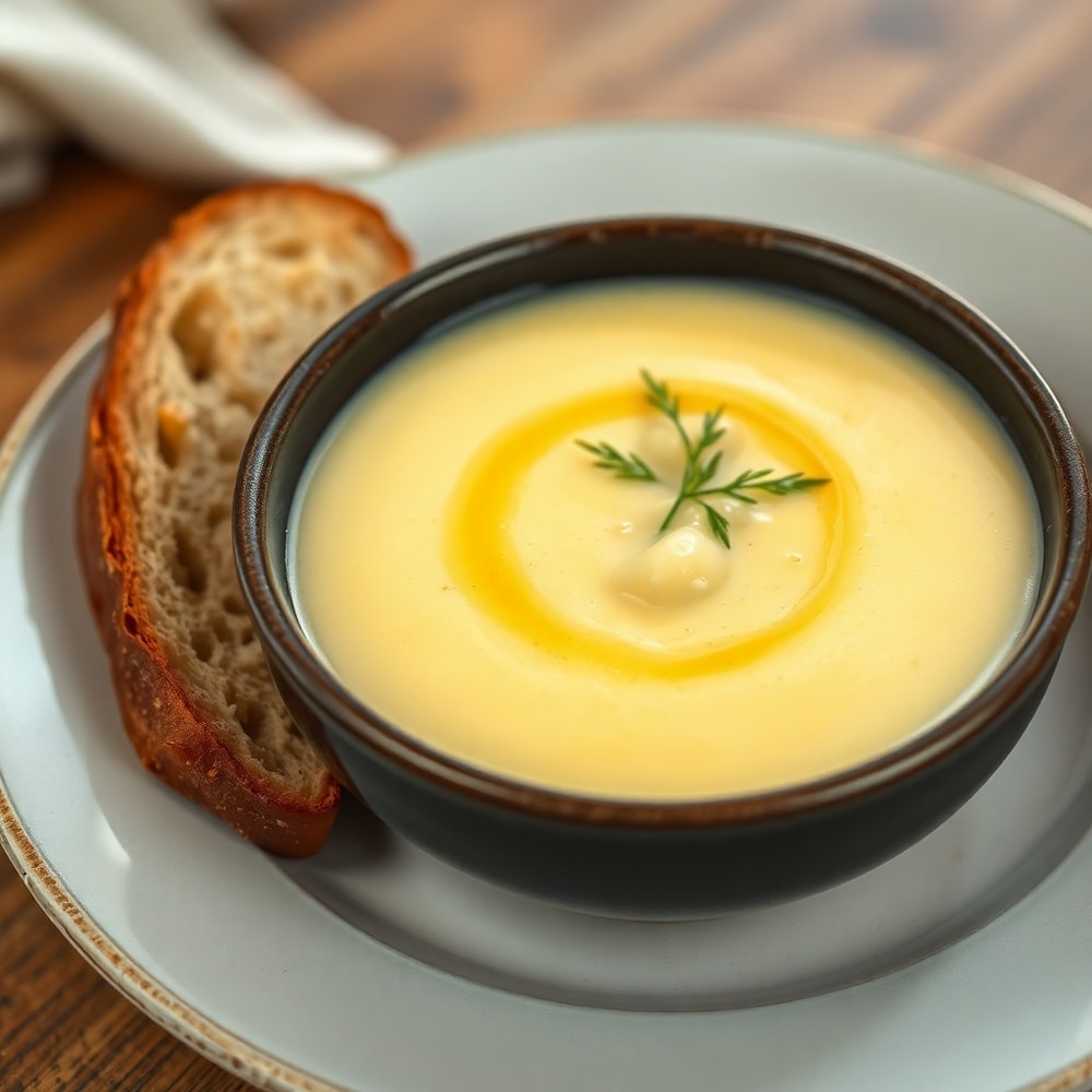 Bowl of creamy potato soup with a side of crusty bread