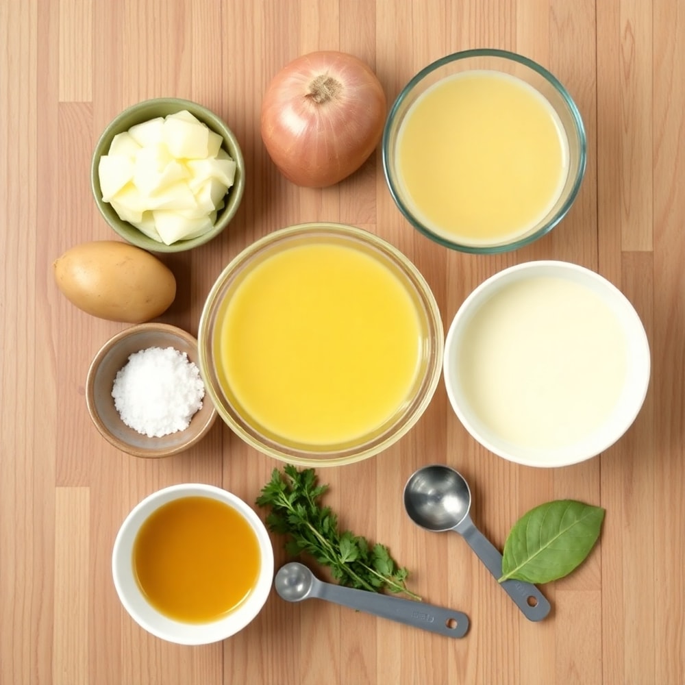 Ingredients for creamy potato soup laid out on a wooden surface