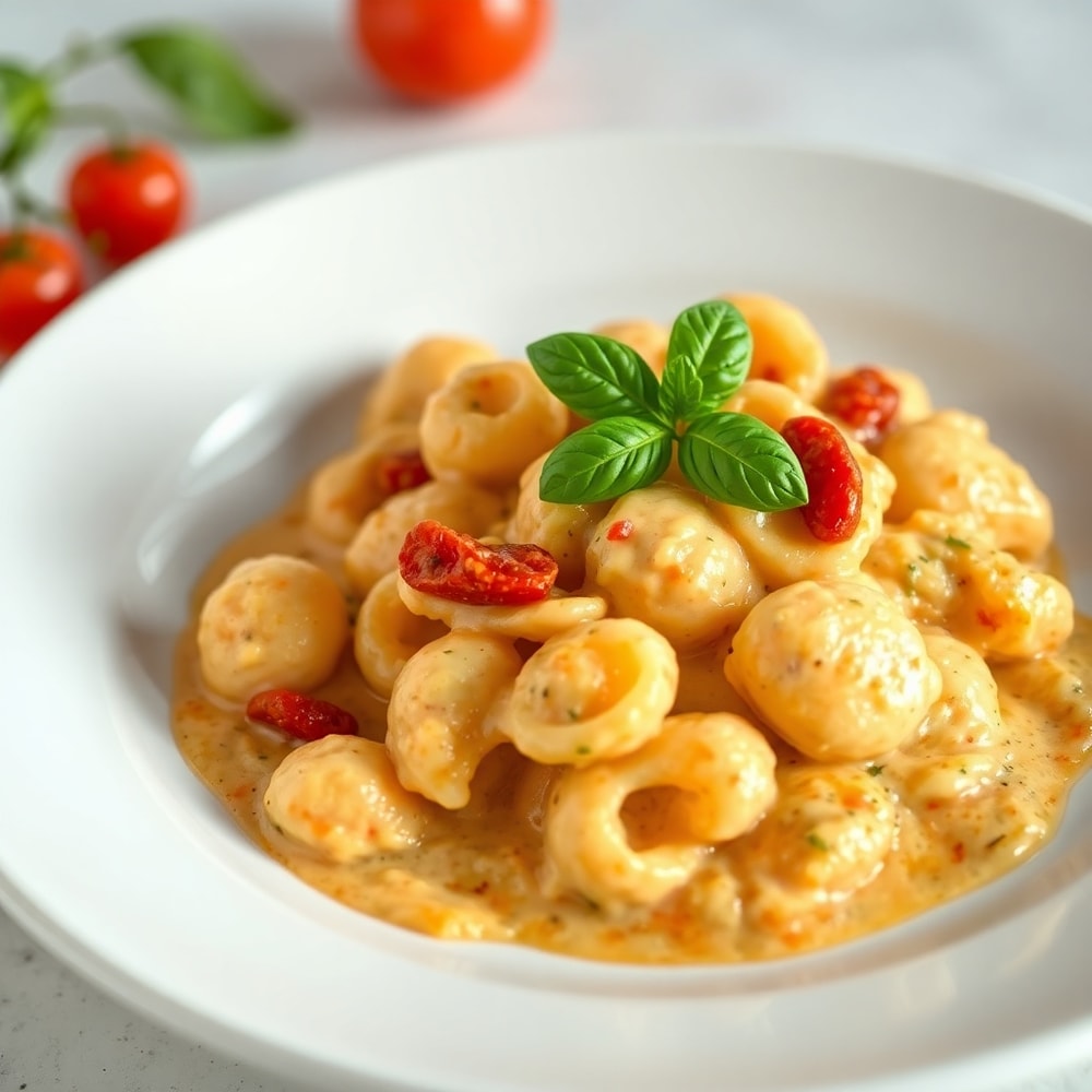 Plated creamy sundried tomato gnocchi with fresh basil