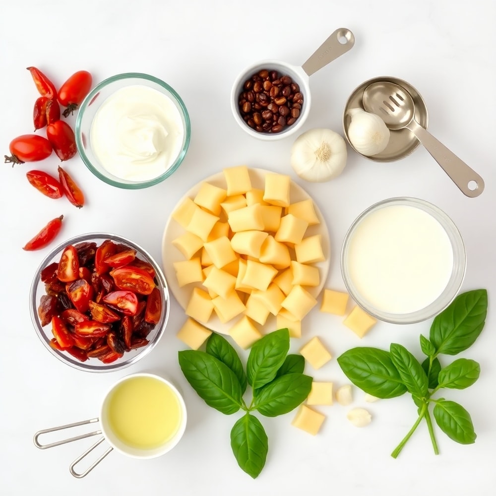 Raw ingredients for creamy sundried tomato gnocchi on a wooden surface
