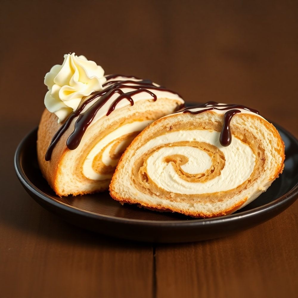 Sliced creamy swirl ice cream bread on a plate