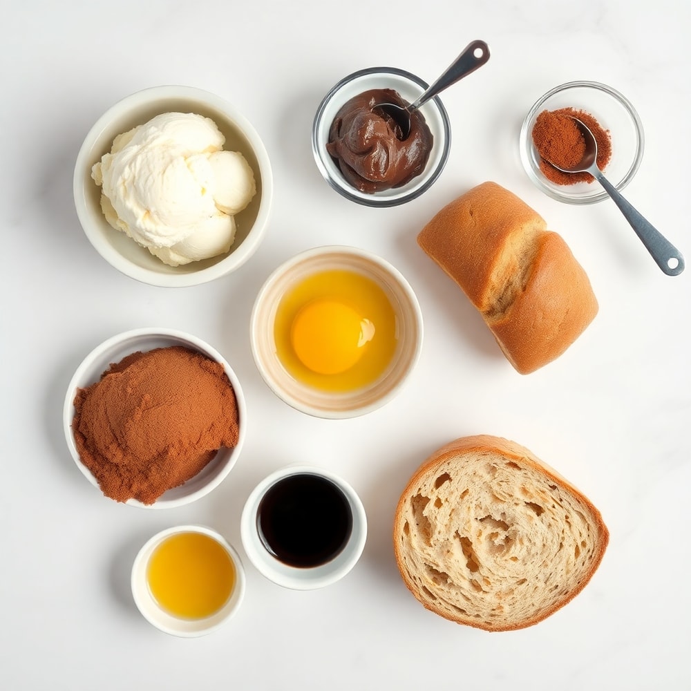 Ice cream, bread, cocoa powder, and vanilla extract arranged on a white marble surface
