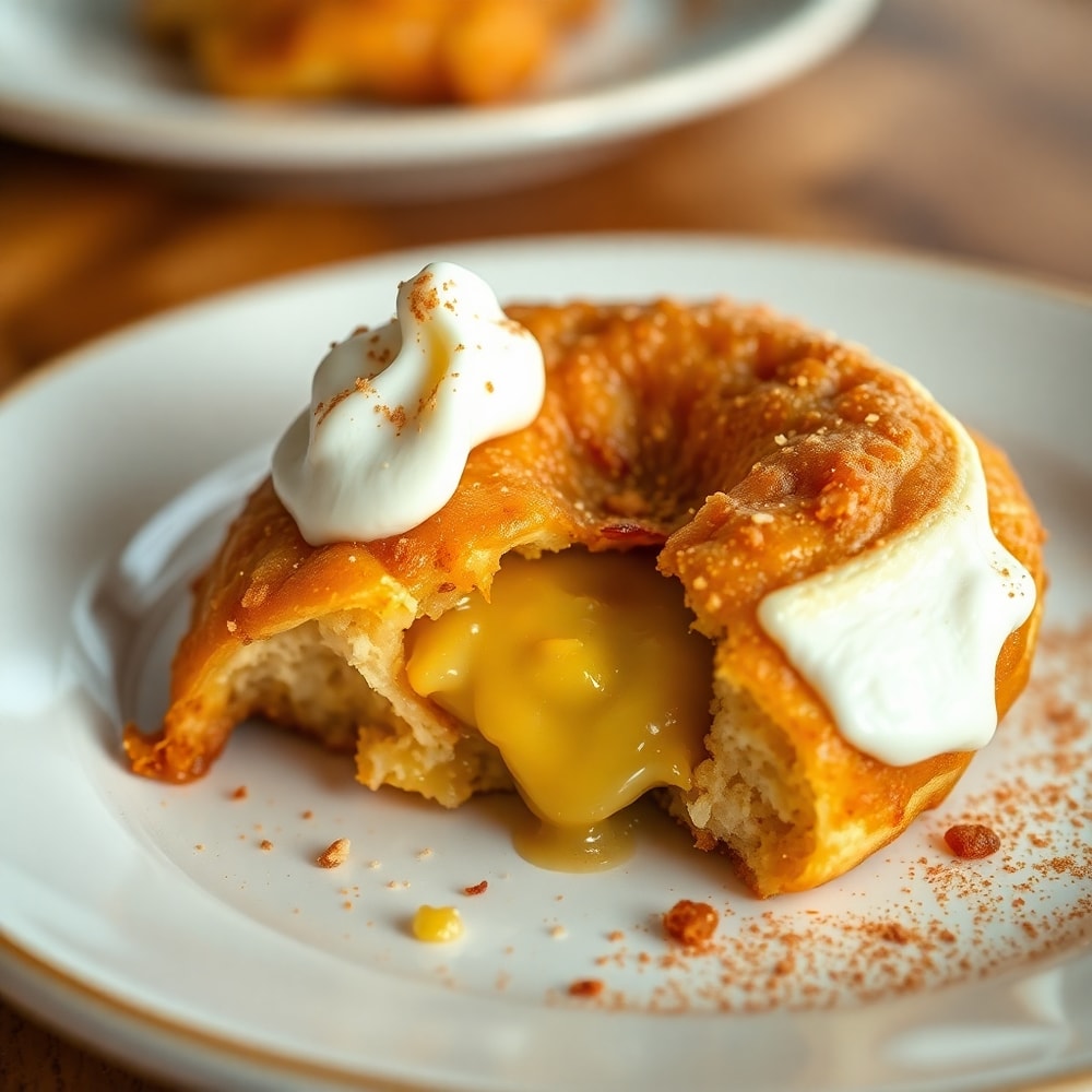 Plated serving of Crispy Amish Cinnamon Flop with whipped cream